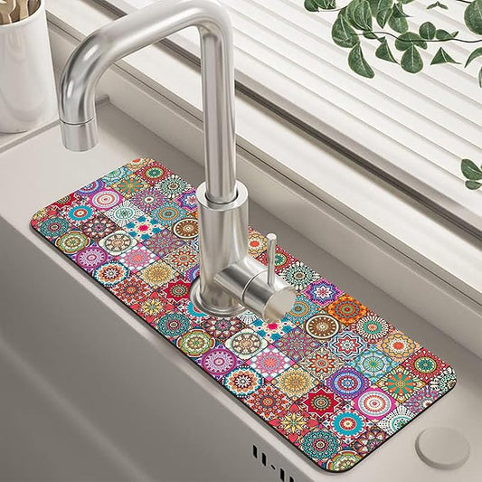 Vintage Boho Mandala Floral Kitchen Sink Splash Guard Mat Absorbent Fast Drying Mat Faucet Draining Mat Sink Splash Guard Behind Faucet Drip Catcher for Kitchen Bathroom 5.5"×15"