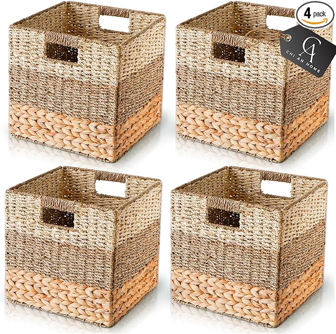 CHI AN HOME 11 Inch Cube Storage Bins, Wicker Storage Baskets for Cube Shelf, Natural Foldable Square Baskets for Storage, Large Woven Storage Bin with Handle, Baskets for Pantry, Living Room Set of 4