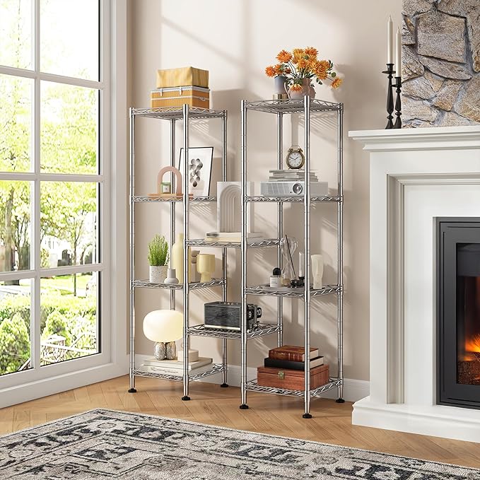 Set of 2 Metal Shelving-5 Tier Storage Shelves:AdjustableShelving and Units Standing Shelving Storage Rack Narrow Shelf for Kitchen Pantry Closet Office 12''Wx12''Dx49''H Chrome