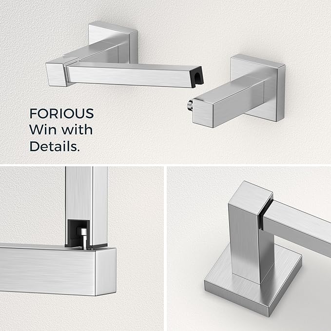 FORIOUS Toilet Paper Holder Set Wall Mount, SUS 304 Stainless Steel Pivoting Toilet Paper Holder and Towel Ring, Hand Towel Holder Set for Bathroom, Square Bathroom Hardware Set, Brushed Nickel