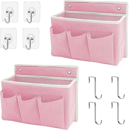 2-Pack Wall Hanging Organizer Bag/Hanging Baskets with Large Mesh Compartment & 3 Pockets，Over the Door Hanging Organizer Space Saving Storage for Bedroom,RV Camper, Closet (Pink -2 Pack)