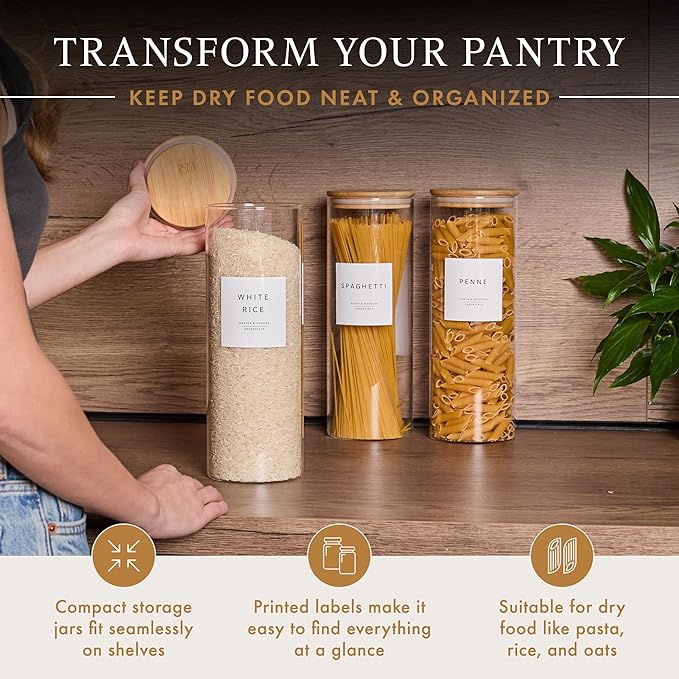 Set of 3 Glass Pantry Storage Containers with Lids- 12 Pantry Labels– (70oz) Glass Canisters with bamboo lids-Perfect Rice, Cereal, Flour, Pasta, Oats, food storage -Airtight-kitchen canisters