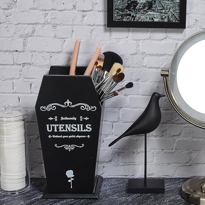 Gothic Coffin Utensil Holder - Large Stable Spooky Dark Aesthetic Kitchen Organizer, Wooden Black Kitchen Decor 12.5X8X5 Inches