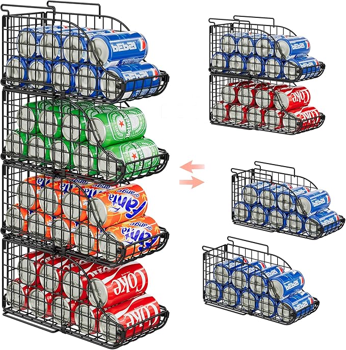 Sonyabecca 4-Pack Stackable Canned Food Organizer with Handles for Kitchen, Soda Can Organizer for Pantry Shelves, Wire Cabinet Shelf for Can Storage, Foldable Soda Dispenser, Patent Pending, Black