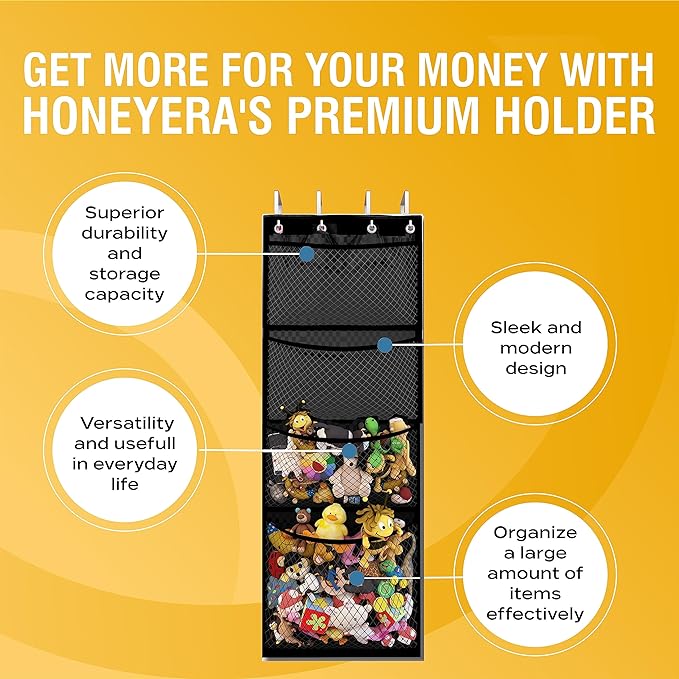 Honeyera The Original Stuffed Animal Storage (Patented) - Over Door Organizer for Stuffies, Toy Plush/Hammock Baby Hanging Storage Net Big Girls Toddler Large Bag Animals (Black)