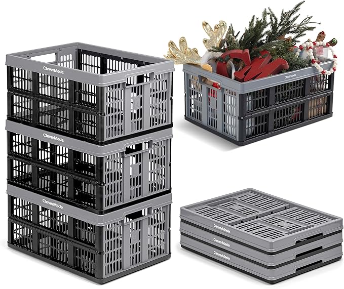 CleverMade Collapsible Utility Crate, Stone, 1PK - 32L (8 Gal) Collapsible Storage Bins, Holds 40lbs Per Bin - Plastic Stackable Grated Wall Utility Containers, CleverCrates Baskets