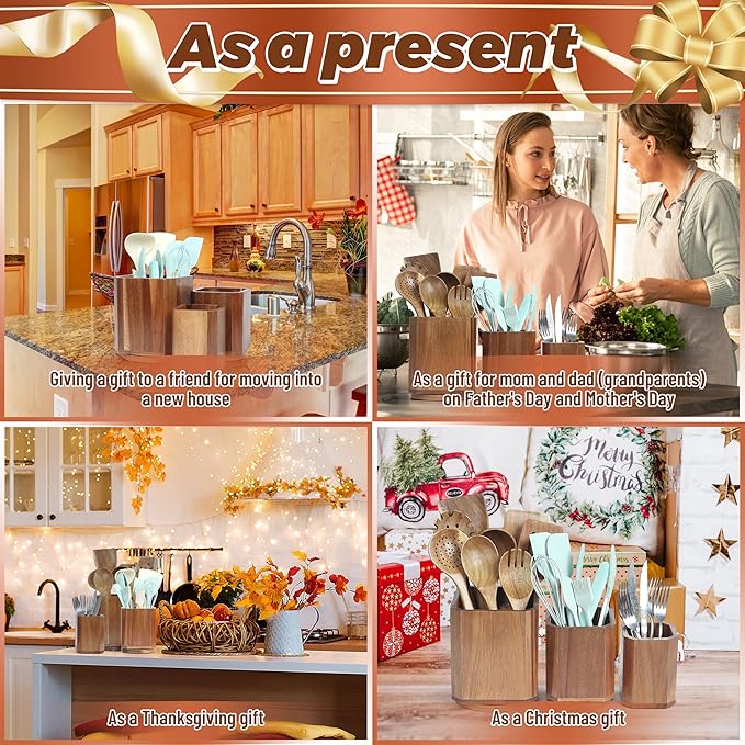Wooden Utensil Holder Set: 3PCS Extra Large Acacia Wood Organizer with 360° Rotating Base for Kitchen Countertop - Farmhouse Storage Crock for Multi-Generation Family & Cooking Enthusiasts