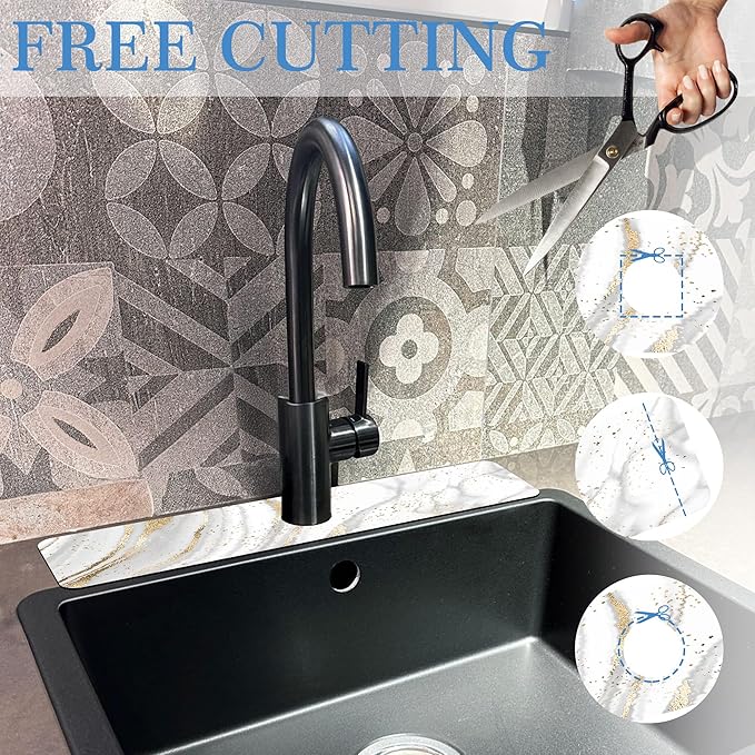 Faucet Mat Splash Guard Platinum Marble, Soft Diatom Mud Material, Strong Water Absorption, Non-slip,Easy to Clean for Bathroom, Kitchen 23.5"X5.5"
