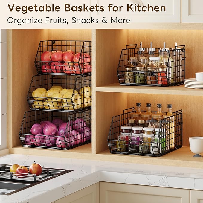 X-cosrack 3-Tier Stackable Fruit Basket for Kitchen Counter, Fruit and Vegetable Storage Basket- Potato and Onion Storage Bin, Wire Baskets for Pantry Organization- Metal Baskets for Produce Snack Can