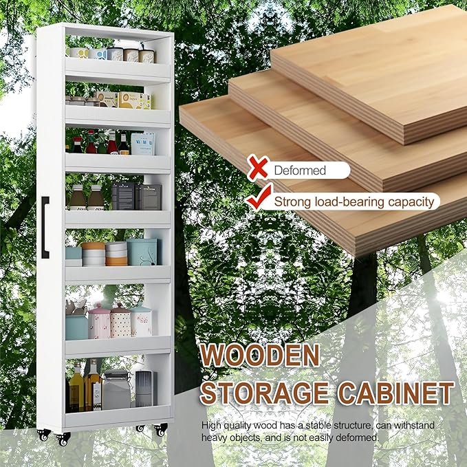 7-Tier Slim Rolling Storage Cart, Wooden Narrow Pantry Cabinet with Wheels, Tall Space-Saving Shelf Organizer for Kitchen, Laundry, Bathroom (Dark Brown, 73.2" H*7.8" W*23.6" D)