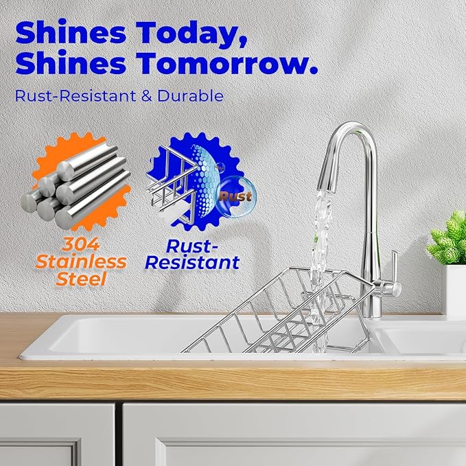 BREIS Sponge Holder for Kitchen Sink, Caddy Organizer with Rag Holder, Countertop Self-Draining Sponge Caddy, Rustproof Sink Storage Rack for Soap Dispenser Storage Accessories (Sliver)