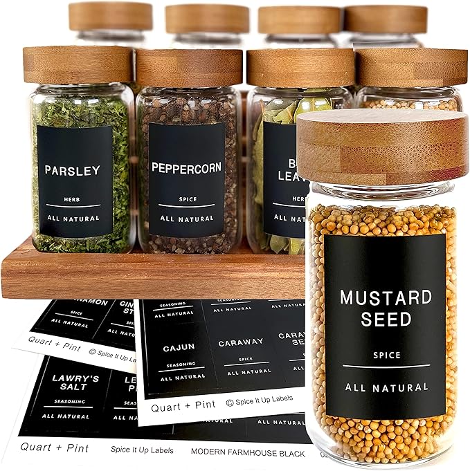 Quart + Pint 160 Spice Jar Labels: Minimalist Matte Black Sticker White Text. Waterproof Stickers. Organization for Jars Bottles Containers Bins. Storage Rack Systems for Kitchen & Pantry Labels.