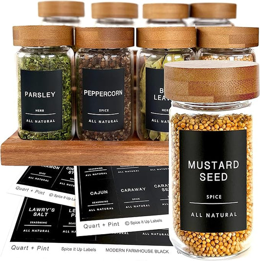 Quart + Pint 160 Spice Jar Labels: Minimalist Matte Black Sticker White Text. Waterproof Stickers. Organization for Jars Bottles Containers Bins. Storage Rack Systems for Kitchen & Pantry Labels.