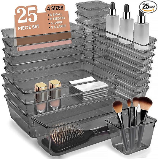Kitchen Desk Drawer Organizers Storage for Office, Small Acrylic Vanity Trays Makeup Organizer for Drawer Bathroom Plastic Make up Organizers 25 Pcs Clear Black
