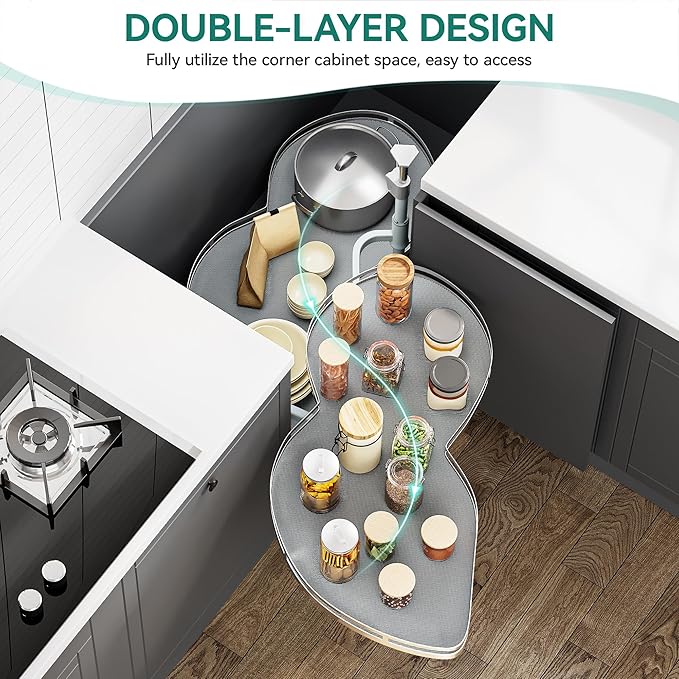 YITAHOME 32" Blind Corner Pull-Out Organizer, Soft-Close Swing-Out 2-Tier Height-Adjustable Lazy Susan, Left Swing Pull Out Organizer, Gray