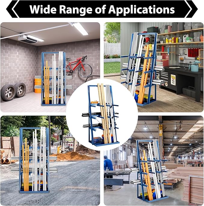 Vertical Bar Rack, 3000 Lb Capacity, 3 Bays Pipe and Lumber Storage Rack, Heavy Duty Standing Bar Storage Shelf with Safety Chains, Steel Long Parts Organizer Shelf, 39"D x 24"W x 84"H, Blue