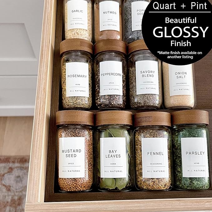 Quart + Pint 140 Glossy Spice Jar Labels: Minimalist White Sticker Black Text. Waterproof Stickers. Organization for Jars Bottles Containers Bins. Storage Rack Systems for Kitchen & Pantry Labels.