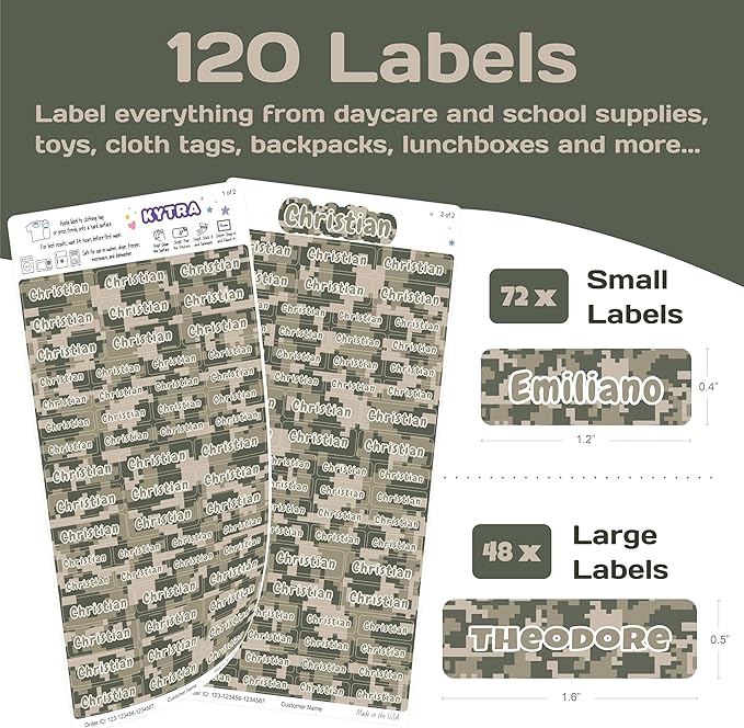 KYTRA Personalized Name Labels for Kids 120 Stickers for Daycare & School Supplies, Clothes, Toys, Lunchboxes and More - Waterproof, Laundry, Dishwasher & Microwave Safe, Made in USA (Sand Camo Pixel)