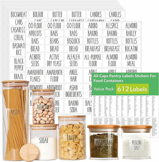 Hebayy 612 All Caps Minimalist Pantry Food Labels, Herb Spice Seasoning Oil Stickers, Plus 51 Blank Ones, Waterproof, Oil & Tear Resistant, No Residue, Expand Version for Kitchen Containers Jars