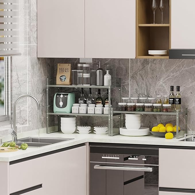 Expandable Stackable Spice Rack Cabinet Shelf Organizer in Cabinets Shelves Kitchen Cupboard Organization Stack up Racks Pantry Countertop Storage (Gray, Large 1 Pack)
