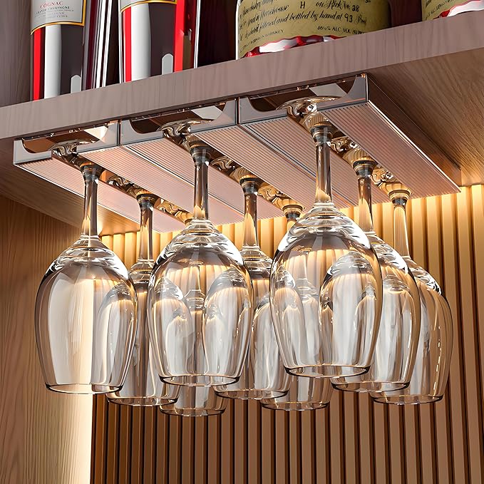 Wine Glass Holder,Under Shelf Cabinet Wine Glass Rack, Plastic Stemware Rack,Glassware Drying Storage Hanger for Kitchen,Bar and Restaurant (Brown)