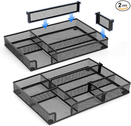 Desk Drawer Organizer, 2 Pack Junk Drawer Organizer Tray with 2 Adjustable Compartments, Desktop Metal Mesh Office Desk Organizer, Multifunction Pen Organizer Set for Office School Makeup Supplies (2)