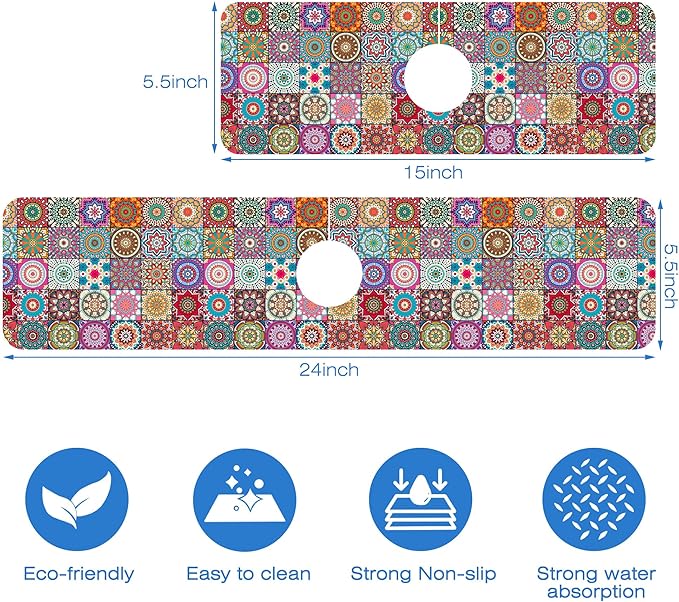 Vintage Boho Mandala Floral Kitchen Sink Splash Guard Mat Absorbent Fast Drying Mat Faucet Draining Mat Sink Splash Guard Behind Faucet Drip Catcher for Kitchen Bathroom 5.5"×15"
