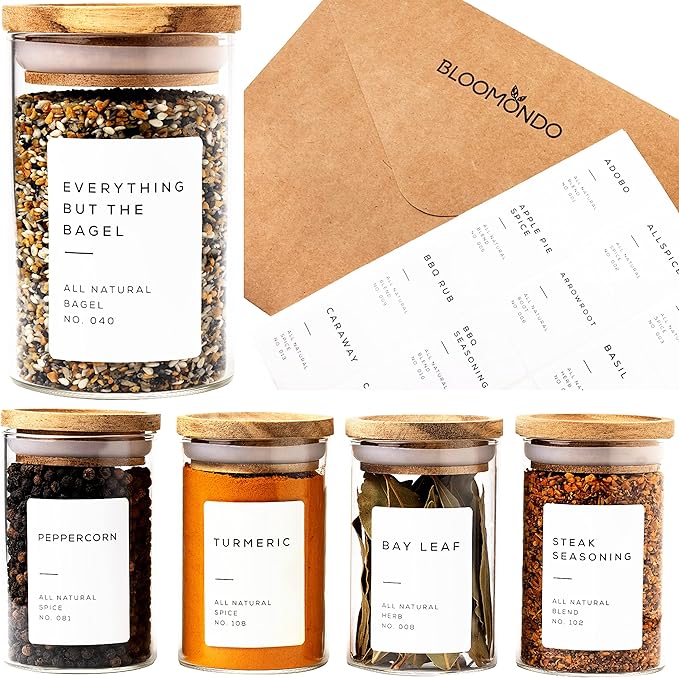 160 Waterproof Spice Jar Labels Preprinted 2.1x1.6in Spice Label for Empty Spice Jars. 112 Spice Stickers, 8 Blank Pantry Labels and 40 Expiry Labels for Seasoning Containers