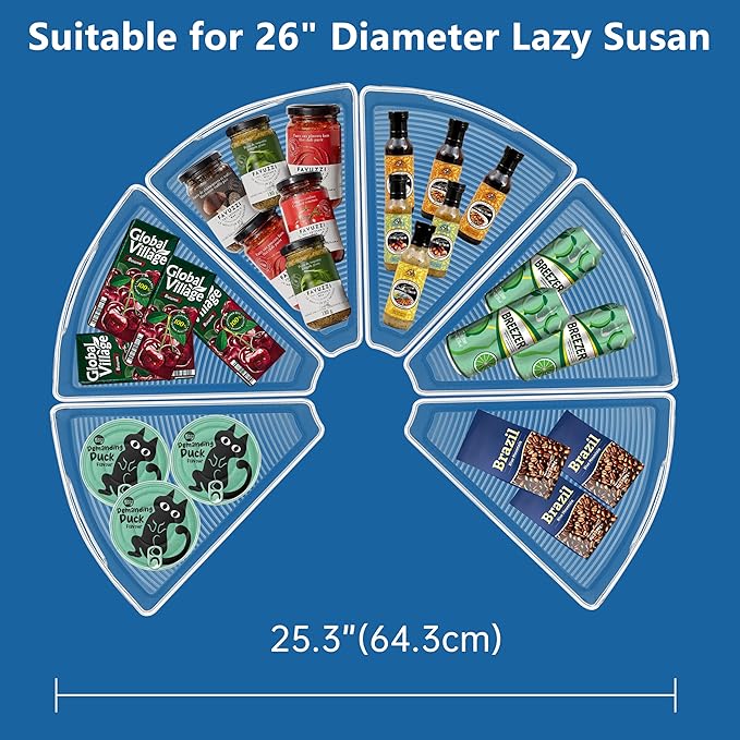Lazy Susan Organizer Bins for 26"-27" Diameter Corner Cabinet Lazy Susan, 6 Pack, Clear Plastic Cabinet and Pantry Storage Bin, 1/8 Wedge-Food Safe, BPA Free