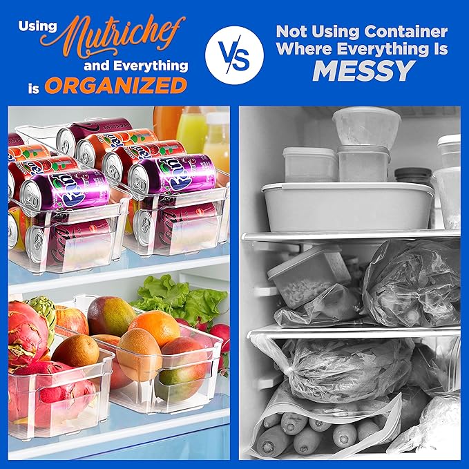 NutriChef 8-Piece Refrigerator Storage Bins - Stackable Fridge Organizers for Freezer, Kitchen, Countertops, Cabinets, & Pantry - 4 Wide & 4 Narrow Bins w/Egg Holder - Dishwasher Safe, Clear