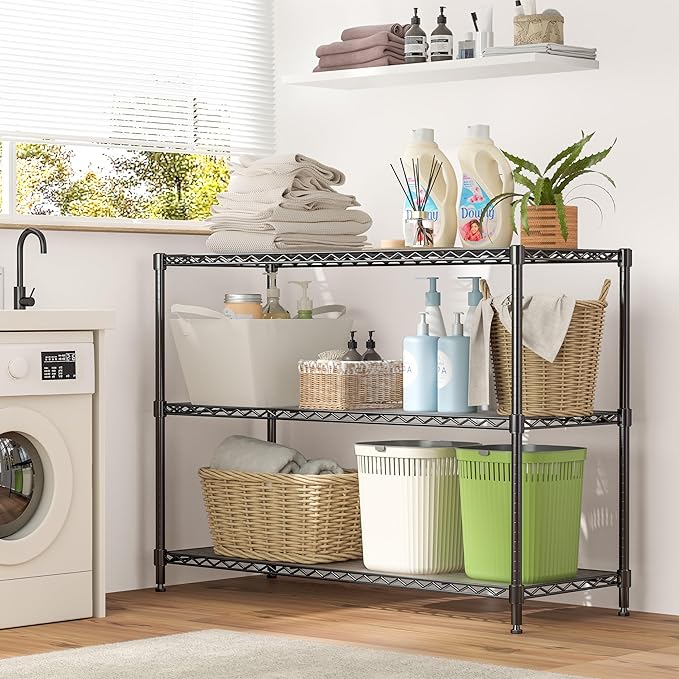 795LBS 3-Shelf Adjustable Storage Shelves 36" W x 14" D x 36" H Metal Shelving Unit Heavy Duty Wire Rack Small Organizer with 3 Shelf Liners for Kitchen Pantry Bathroom Closet Garage Black