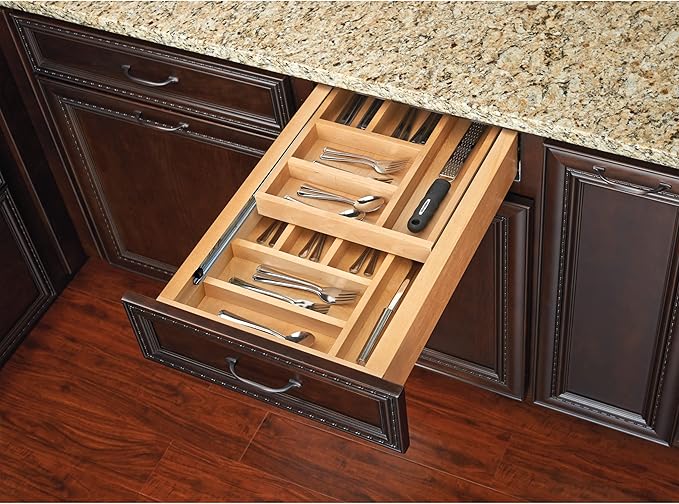 Rev-A-Shelf Two-Tier Kitchen Utensil Drawer Organizer & Pullout Cutlery Tray, Soft-Close Slides, 24" Base & 21" Cabinet Opening, Wood, 4WTCD-24HSC-1