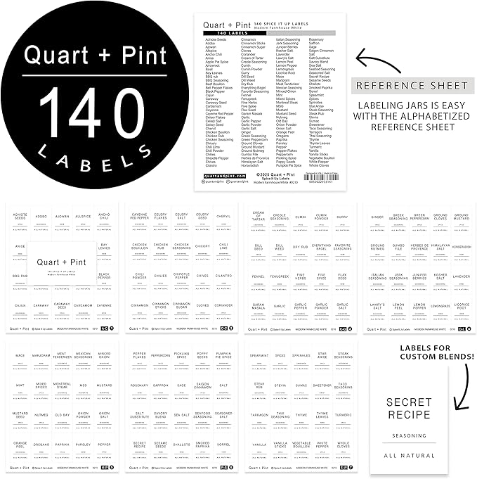 Quart + Pint 140 Glossy Spice Jar Labels: Minimalist White Sticker Black Text. Waterproof Stickers. Organization for Jars Bottles Containers Bins. Storage Rack Systems for Kitchen & Pantry Labels.