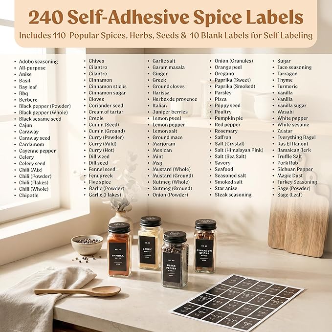 Glass Spice Jars with Label and Black Aluminum Lids (24 x 4oz) Spice Containers with 240 Labels, Shaker Inserts, Steel Funnel, Empty Square Seasoning Organizer (Black Aluminum Lid)
