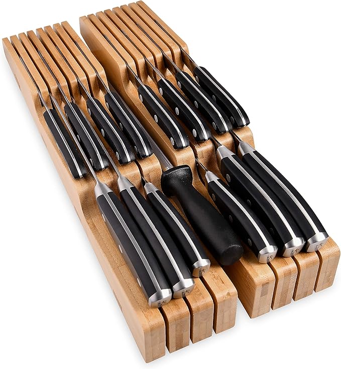 Homemaid Living In Drawer Knife Block Bamboo, Holds 14 Knives + Knife Sharpener Slot, Knife Organizer for Kitchen Drawer, Knife Drawer Organizer, Drawer Insert, Drawer Knife Holder (2" tall, 17" deep)