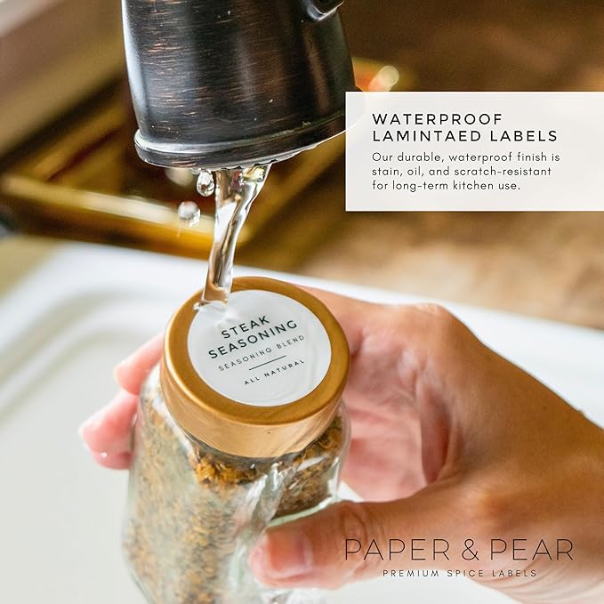 Paper & Pear Round Spice Jar Labels Preprinted Waterproof - Modern Style White Spice Labels Stickers Preprinted Waterproof - Oil & Tear Resistant Seasoning Stickers - Set of 80, 1.35 Inches (No Jars)