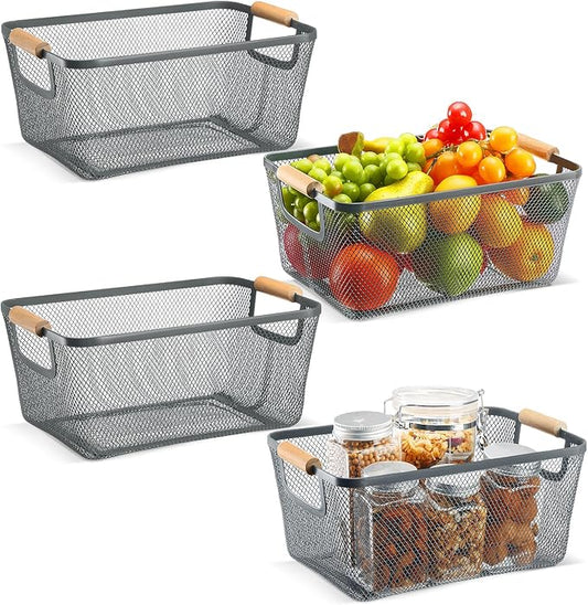 4 Pcs Metal Wire Basket with Wooden Handles Mesh Steel Storage Organizer Bin Containers for Home Organizing Cabinet Pantry Closet Kitchen Fridge Fruit Makeup Snacks Gifts(Medium,Dark Gray)