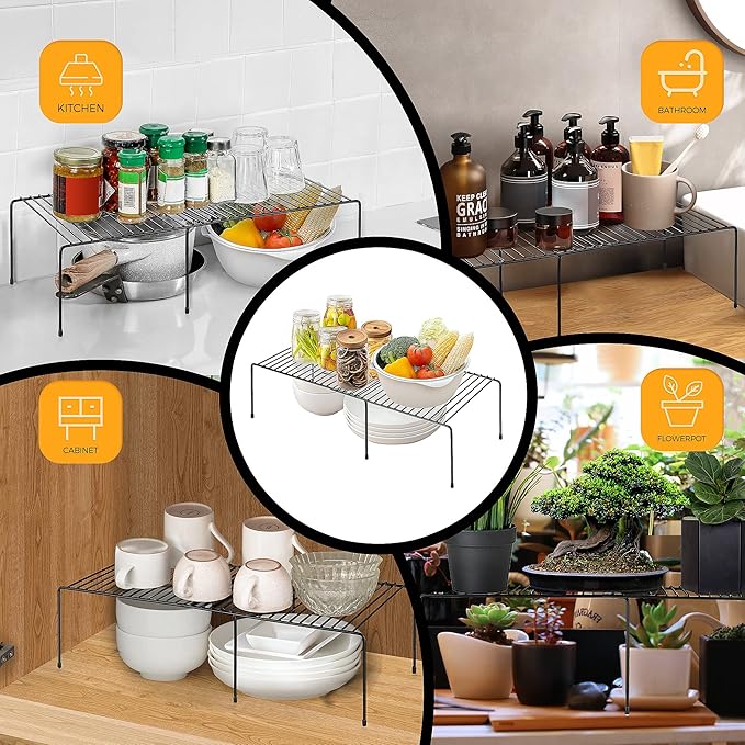 Ravinte 1 Pack Freezer Shelf Organizer, Expandable Cabinet Storage Shelf with Rustproof Metal Wire, Adjustable Kitchen Cabinet Organizer Spice Rack for Frige, Pantry, Cupboard, Countertop - Black