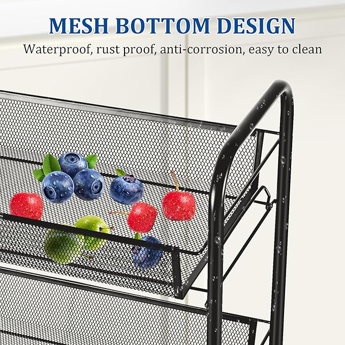 CVHOMEDECO. 3 Tier Fruit Basket Large Capacity Rectangular Metal Fruit Bowl Detachable Metal Fruit Stands Organizer for Kitchen Counter, Bread, Vegetable, Snack and Fruits. Black