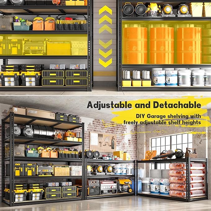 48" W Garage Shelving Heavy Duty 3050LBS Garage Storage Shelving, 5 Tier Adjustable Metal Shelving Unit Utility Rack Shelf for Warehouse, Pantry, Closet, Kitchen 72" H x 48" W x 24" D, Black,2PCS