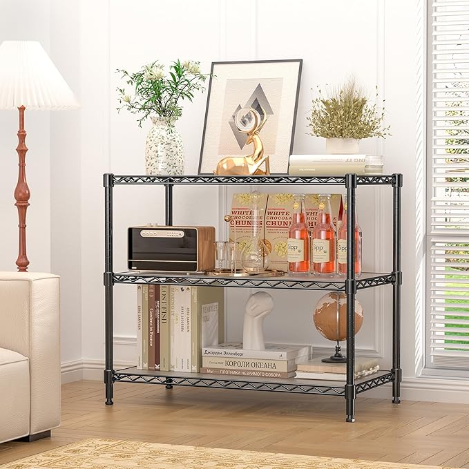 3-Tier Storage Shelves 795LBS Metal Shelving Unit, Adjustable Wire Rack Small Shelf Organizer with 3 Shelf Liners for Kitchen Pantry Office Bedroom Closet Garage 24" W x 14" D x 30" H Black
