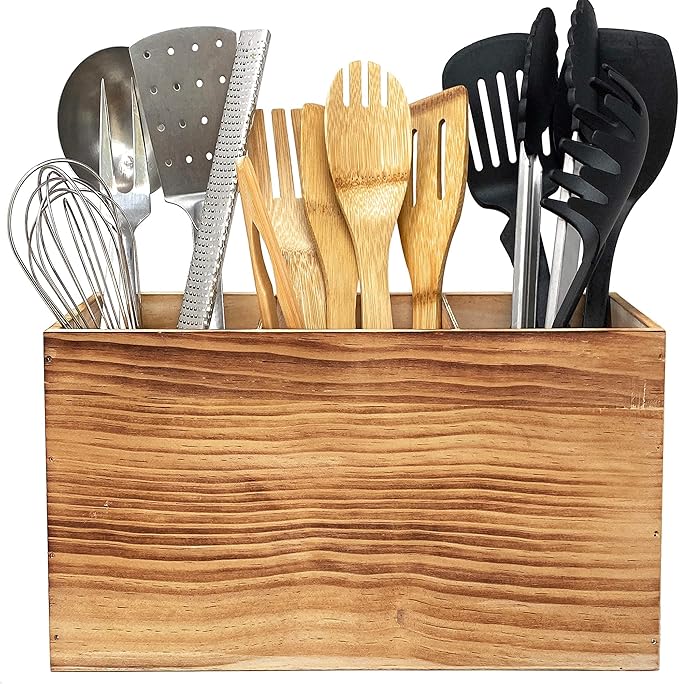 Wood Utensil Holder Organizer for Counter - Large Wooden Utensil Caddy for Countertop - 3 Compartment Cooking Tool Storage for Spatula - Farmhouse Kitchen Decor and Accessories
