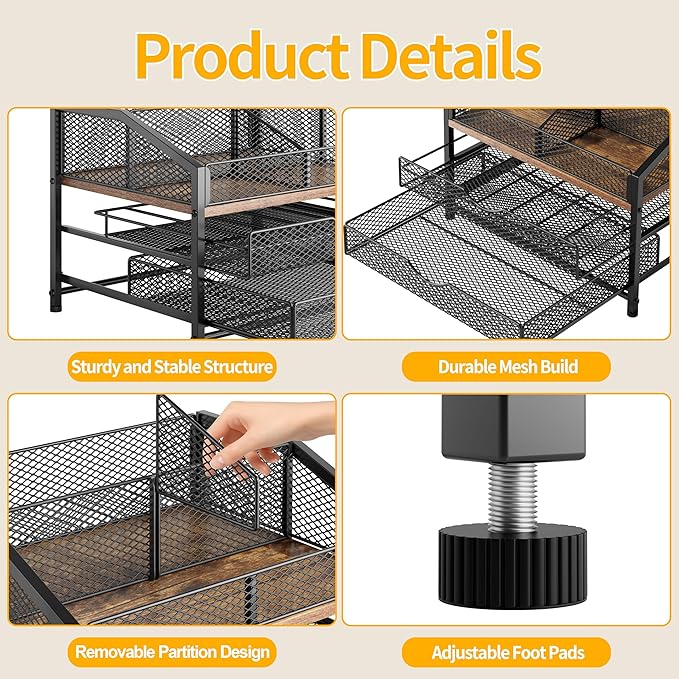 Coffee Bar Organizer for Countertop, Coffee Station Organizer with Removable Dividers, Metal and Wood K Cup Holder Storage Basket for Pods, Syrup, Stirrer and Condiment, Black and Brown