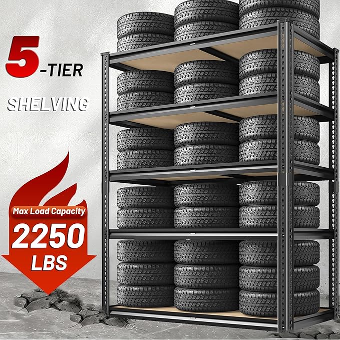 2250LBS Storage Shelves Heavy Duty 5 Tier Garage Storage Shelving, Adjustable Metal Shelving Unit Utility Rack Shelf for Warehouse, Pantry, Closet, Kitchen 72" H x 35.56" W x 16" D, Black
