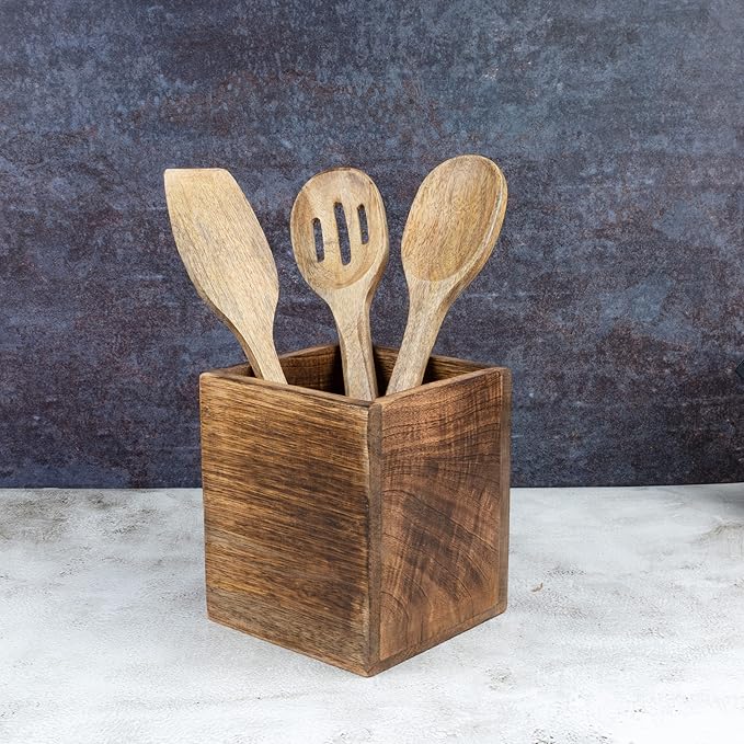 Samhita Mango Wood Burning Finished Kitchen Utensil Holder for Countertop, Utensil Holder Container for Kitchen Cooking Utensil. ( 5"x 5"x 6")
