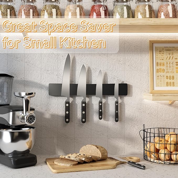 Magnetic Knife Holder for Wall, Acacia Wood Knife Magnetic Strip No Drill Knife Magnet Storage Bar Magnetic Tool Key Holder Strip for Kitchen Utensil Organizer (Black, 16 Inch)