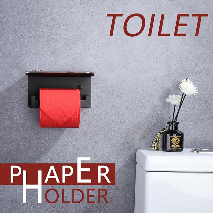 LANC Black Toilet Paper Holder with Shelf, Adhesive or Screw Toilet Paper Roll Holder with Phone Shelf for Bathroom Kitchen Wall Mounted, Stainless Steel TP Holder,Matte Black Left, A8367MB-LF
