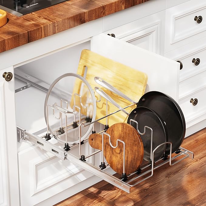 Pull Out Pots and Pans Organizer Under Cabinet, Sliding Adjustable Pot Rack with 11 Adjustable Dividers, Chromeplating Pot and Pan Holder Rack, Full-Extension Rail 15" W X 22" D