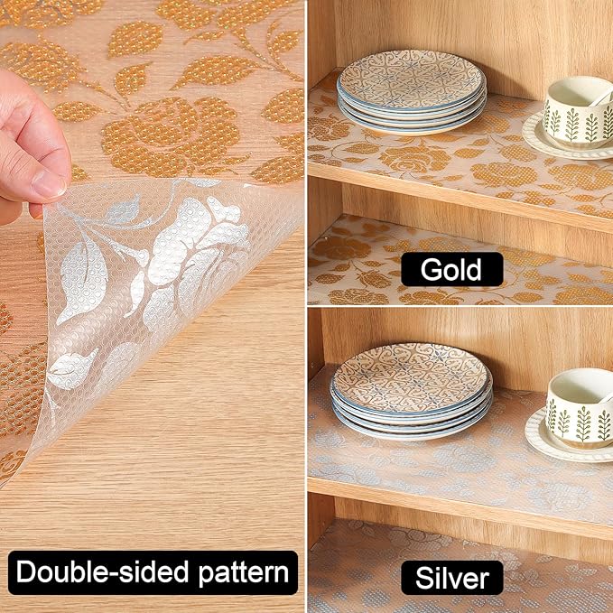 INNOLITES Shelf Liner for Cabinets, Non-Adhesive for Kitchen Drawer Liner, Waterproof Shelf Paper with Floral Pattern, Durable Easy to Clean (Golden Rose, 11.8" x 236")