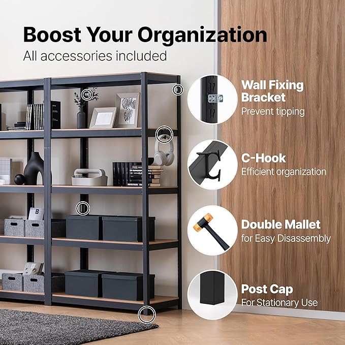 HOMEDANT House 5-Tier Metal Rolling Cart Shelf Rack Casters Heavy Duty Laminated Wheel Shelving Unit Adjustable Utility Storage Shelves Organizer Shelf Kitchen Garage (2, (L) 48.1" W, Black)